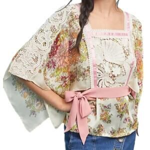 NWT Anthropologie TINY size medium Begonia floral kimono ribbon wrap blouse